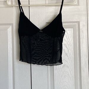 Black Cropped Half Mesh Spaghetti Strap Top